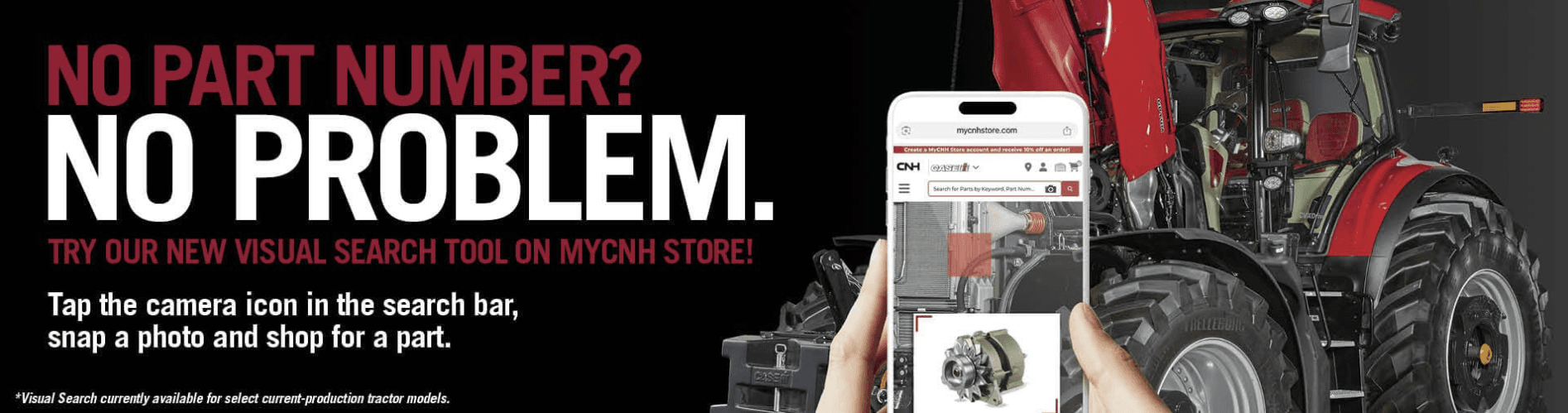A Case IH banner advertising a visual search tool for finding parts without a part number